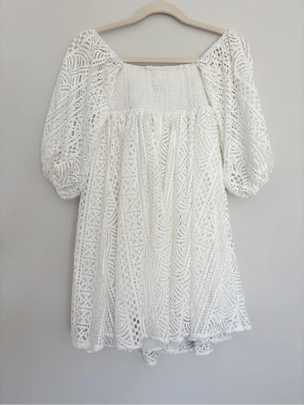 Free People White Emmy Lou Mini Dress Crochet Lace Puff Sleeve XS